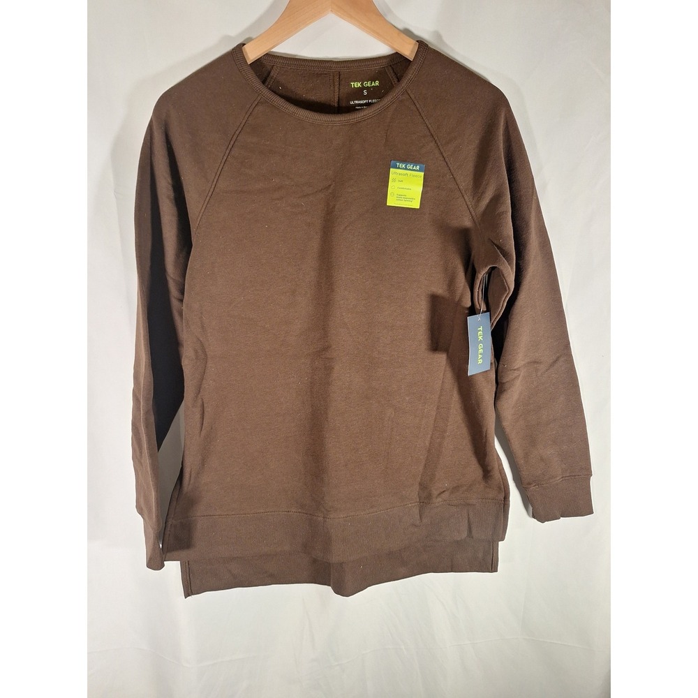 Tek Gear Ultrasoft Fleece Sweatshirt Womens Small Brown High Low Tunic Crew New